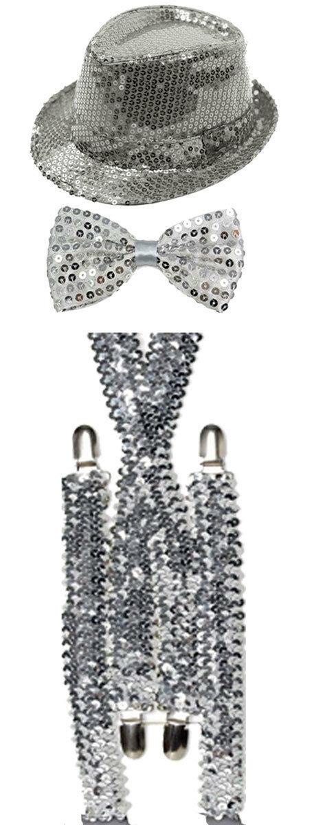 Sparkling Silve Sequin Hat Braces Dicky Dickie Bow Tie Fancy Party Accessory Set - Labreeze