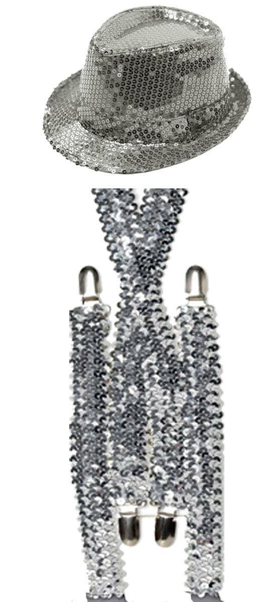 Sparkling Silve Sequin Hat Braces Dicky Dickie Bow Tie Fancy Party Accessory Set - Labreeze