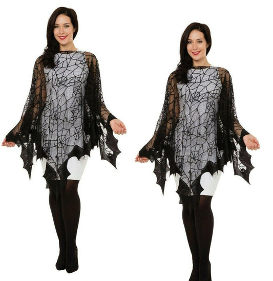 Spider Web & Bat Fishnet Cape Witch Halloween Fancy Dress Costume Ladies - Labreeze