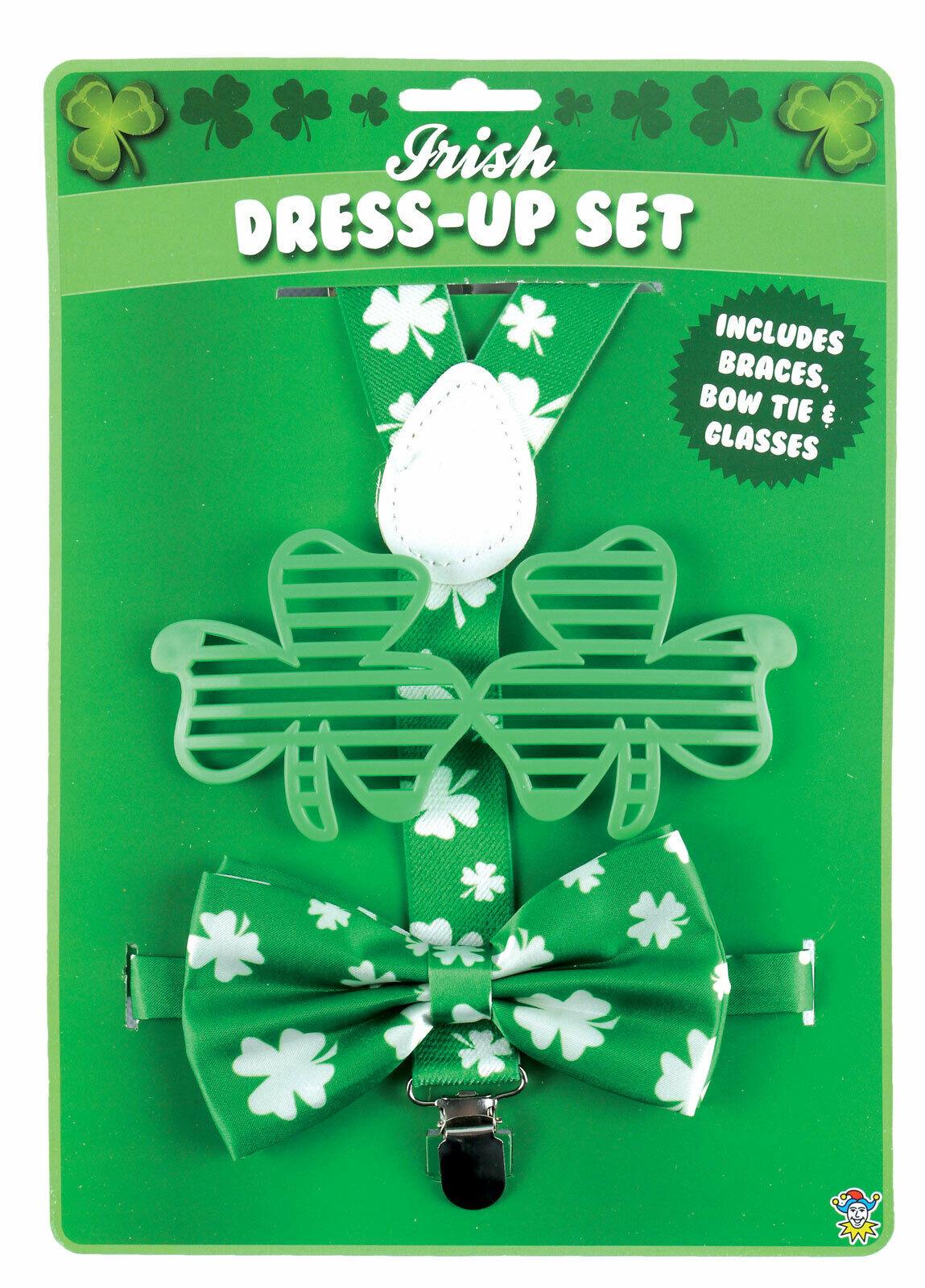 St Patrick’s Day Instant Kit Irish Green Braces Glasses Bow Tie Fancy Dress Set - Labreeze