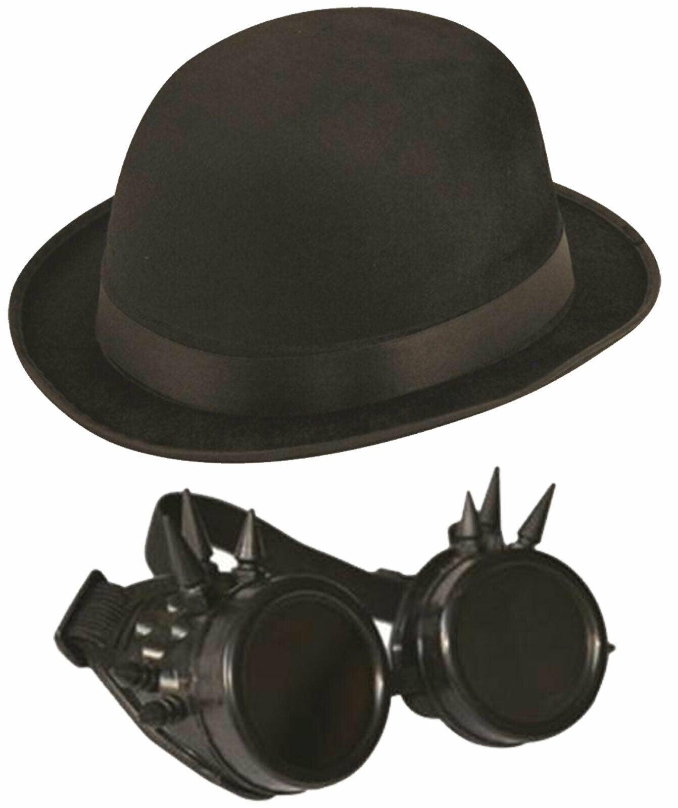 Steam punk Black Goggles with Spike + Black Bowler Hat Victorian Fancy Dress Set - Labreeze