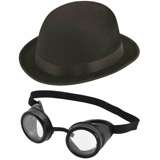 Steam punk Black Plastic Goggles + Black Bowler Hat Victorian Fancy Dress Set - Labreeze