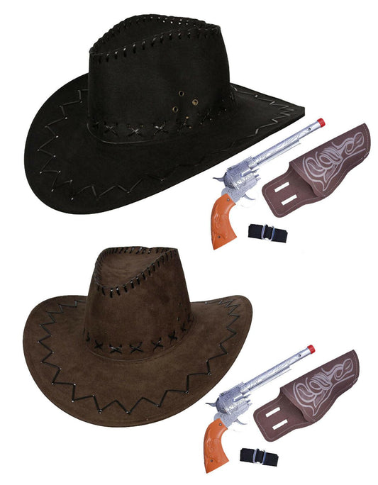 Suede Look Wild Western Cowboy Hat & Plastic Gun with Black Belt Fancy Dress Set - Labreeze