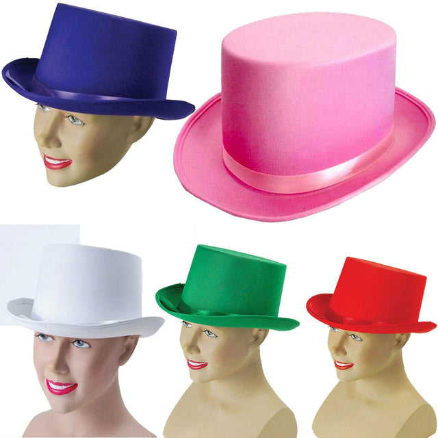 Top Hat Satin Premum Quality Fancy Dress Black Red White Green Purple Pink