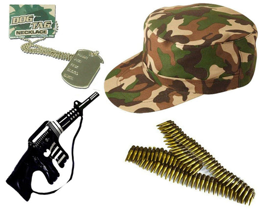 Unisex Army Cap Dog Tags Bullet Belt Machine Gun Armed Forces Fancy Dress Set - Labreeze