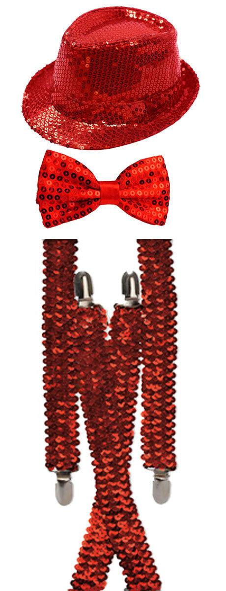 Unisex Sparkly Sequin Hat Braces Dicky Dickie Bow Tie Adults Fancy Dress Set - Labreeze