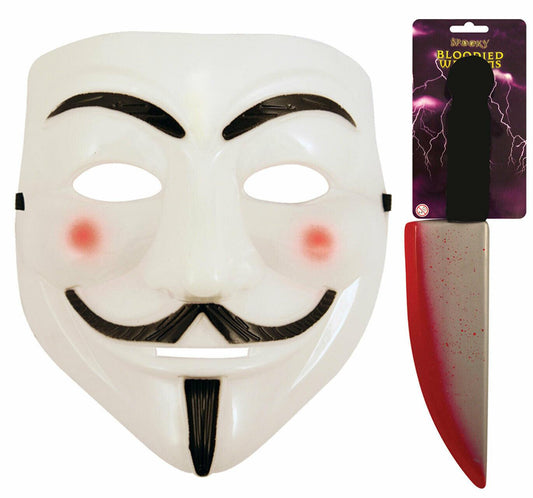 V for Vendetta Face Mask Blooded Knife Weapon Halloween Horror Fancy Dress Set - Labreeze