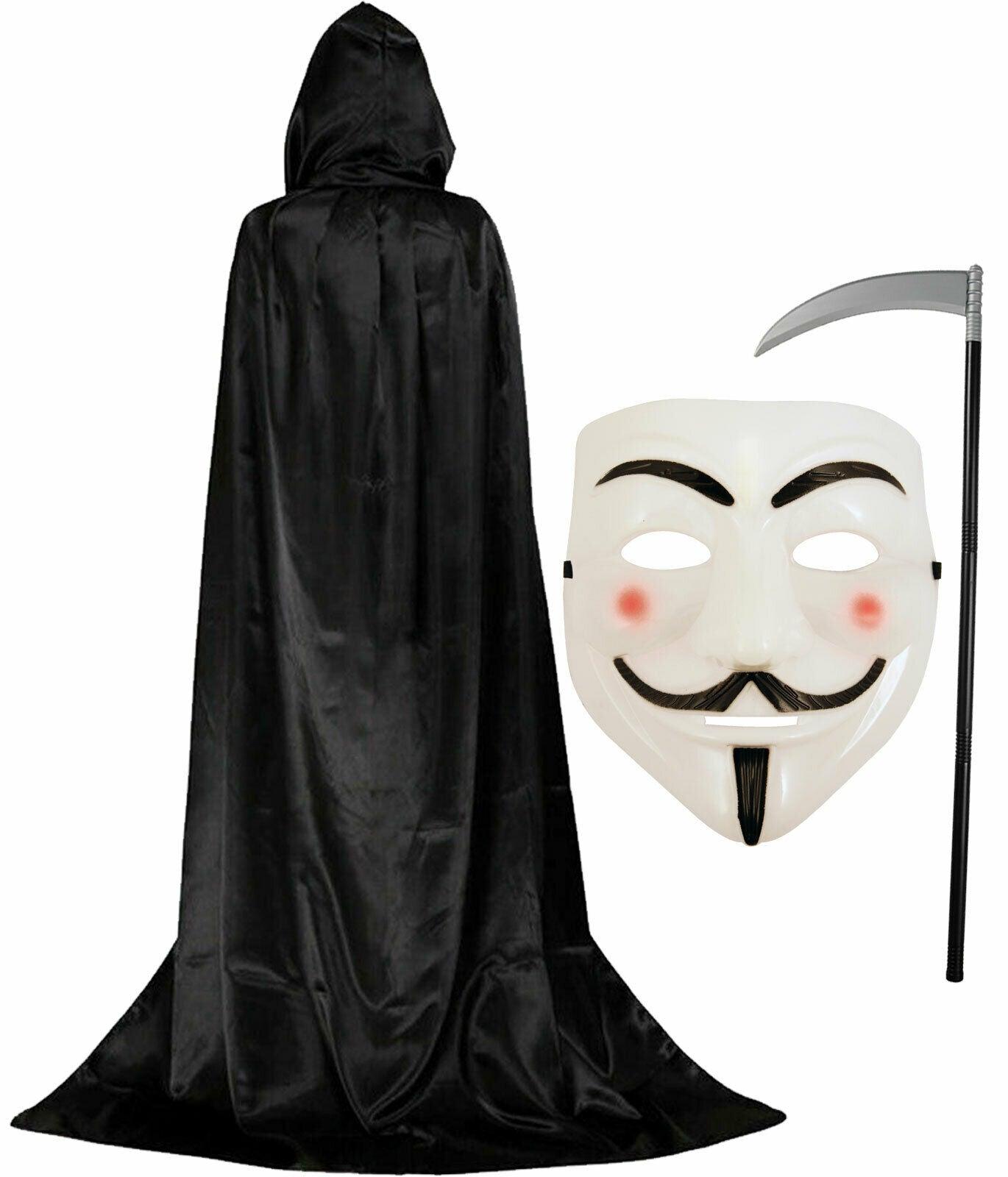 V for Vendetta Mask Satin Hooded Cape Scythe Halloween Horror Party Fancy Dress - Labreeze