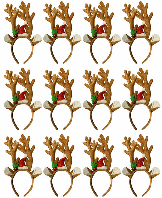 Value Pack of 12 Deluxe Velvet Reindeer Antlers W/Ears Christmas Xmas Headband - Labreeze