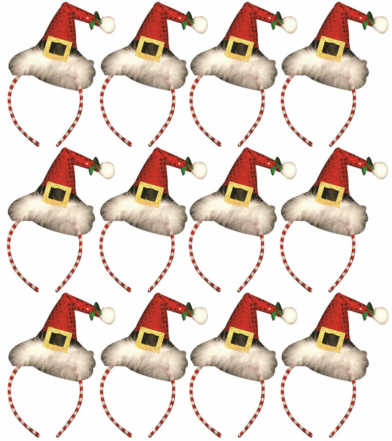 Value Pack of 12 Red Sequin Santa Hat w/marabou Headband Christmas Fancy Dress - Labreeze
