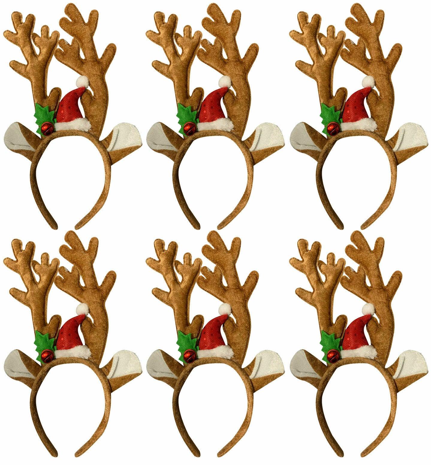 Value Pack of 6 Deluxe Velvet Reindeer Antlers W/Ears Christmas Xmas Headband - Labreeze