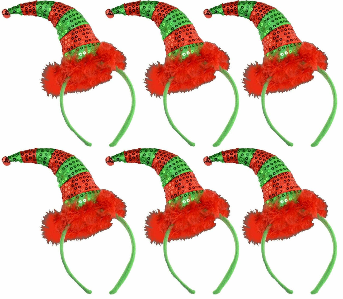 Value Pack of 6 Elf Sequin Headband Red Green Christmas Xmas Fancy Dress Hat - Labreeze