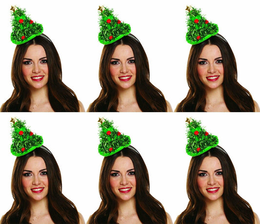 Value Pack of 6 Ladies Novelty Green Tinsel Christmas Tree Mini Hat on Headband - Labreeze