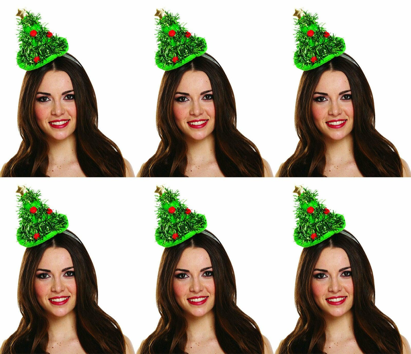 Value Pack of 6 Ladies Novelty Green Tinsel Christmas Tree Mini Hat on Headband - Labreeze