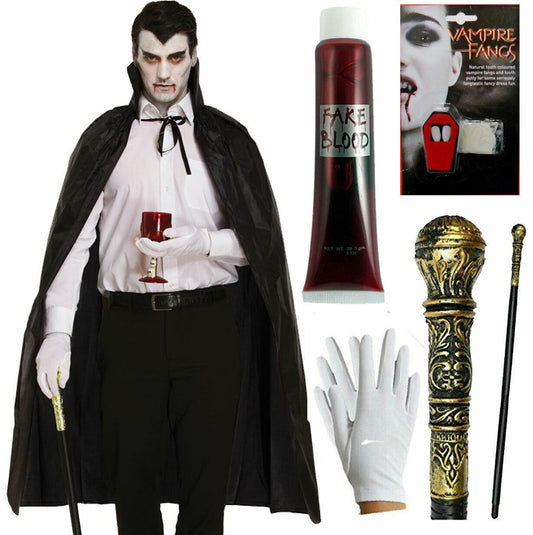 Vampire Fangs Cape Fake Blood Cane Stick Gloves Halloween Party Costume Set - Labreeze