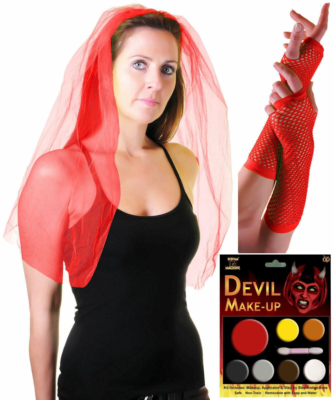 Veil on Hair Band Fishnet Gloves Make Up Halloween Horror Red Devil Costume Set - Labreeze