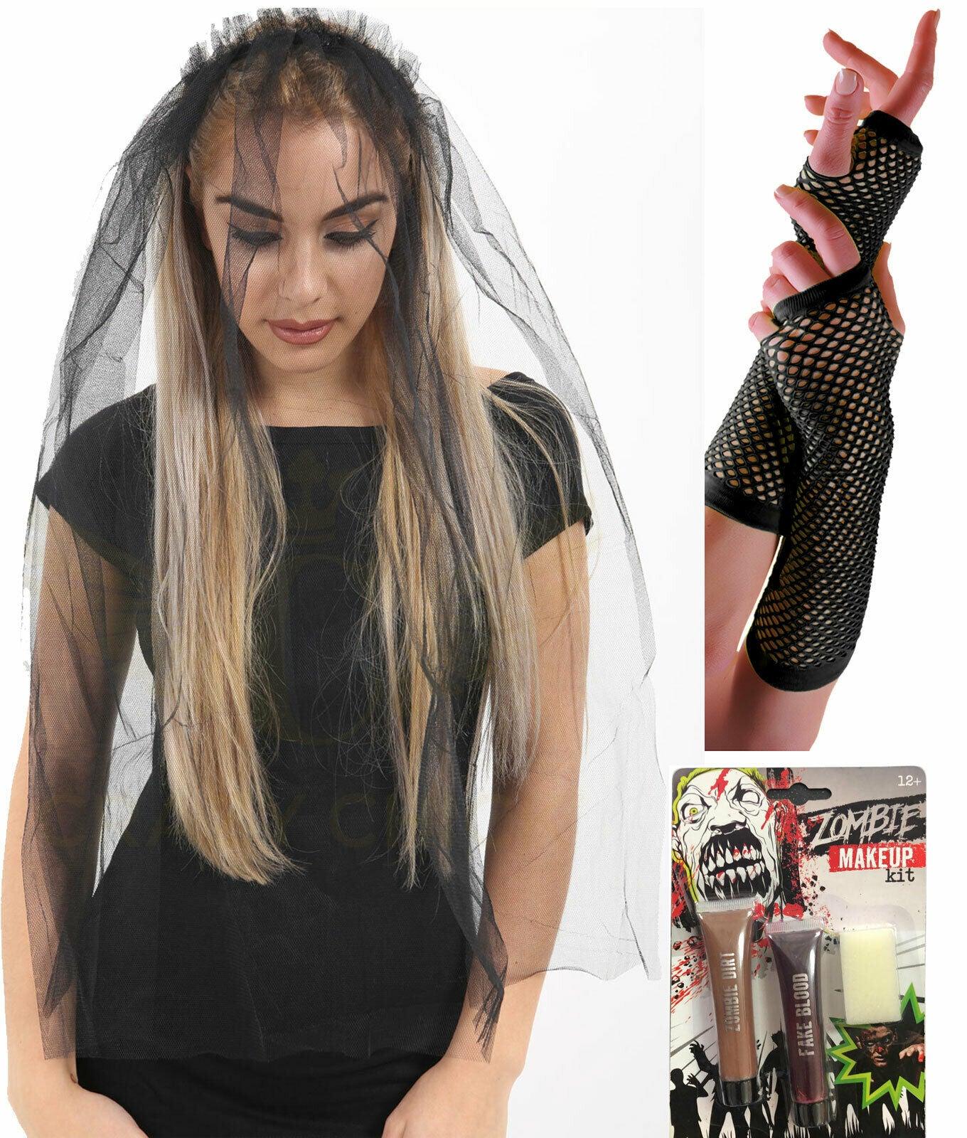 Veil on Hair Band Fishnet Gloves Make Up Halloween Zombie Bride Costume - Labreeze