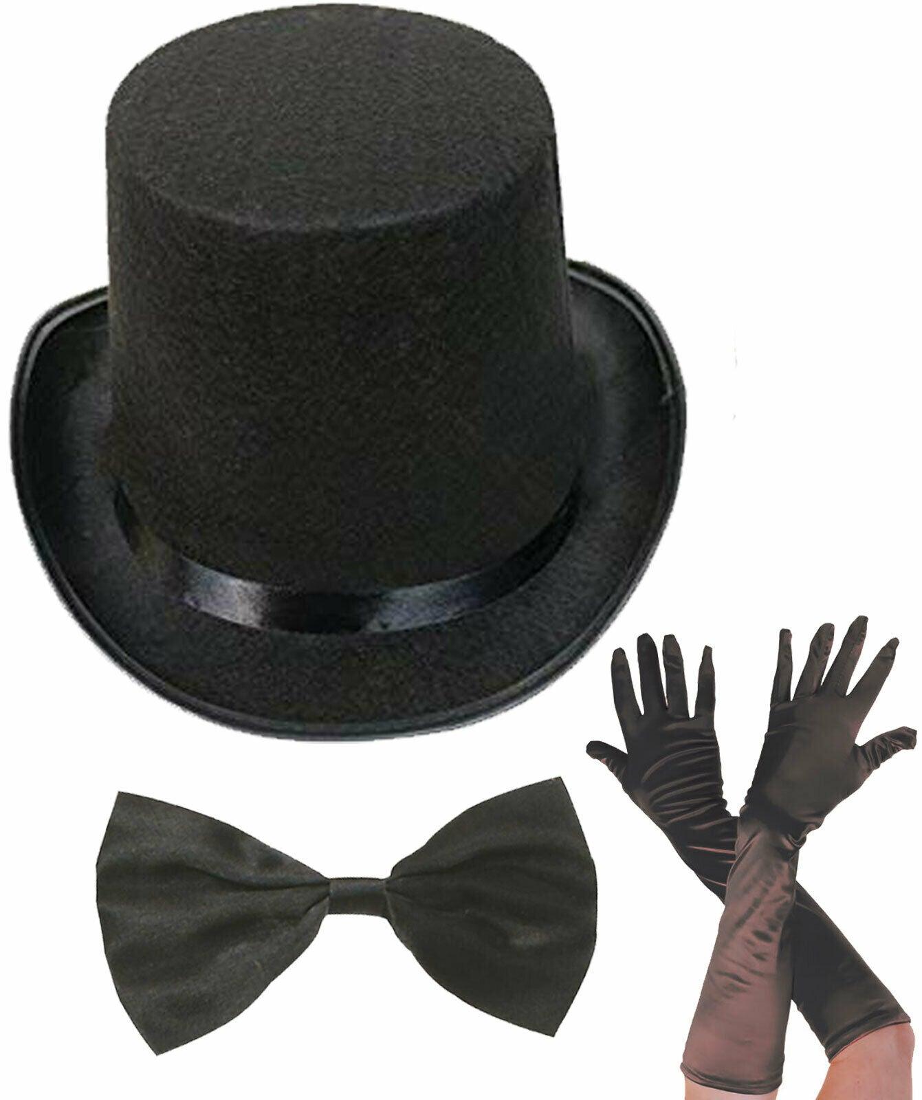 Victorian Gentleman Black Top Hat Bow Tie Long Gloves Fancy Dress Party Outfit - Labreeze