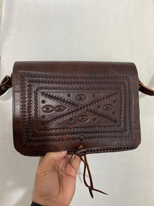 Vintage handmade real leather shoulder handbag Moroccan side passenger bag - Labreeze