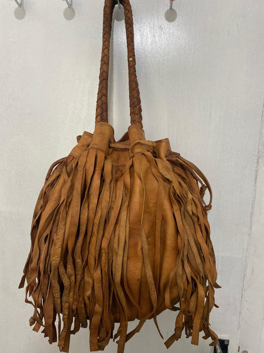 Vintage handmade real leather tussel handbag Moroccan bag tan - Labreeze