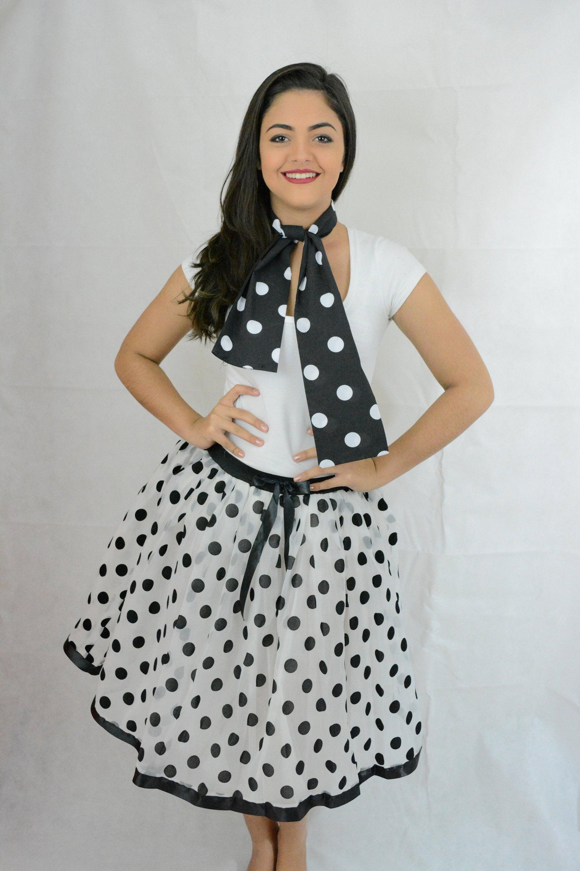 White Black Polka Dot Chiffon Skirt with Netted Petticoat (18 Inches) - Labreeze