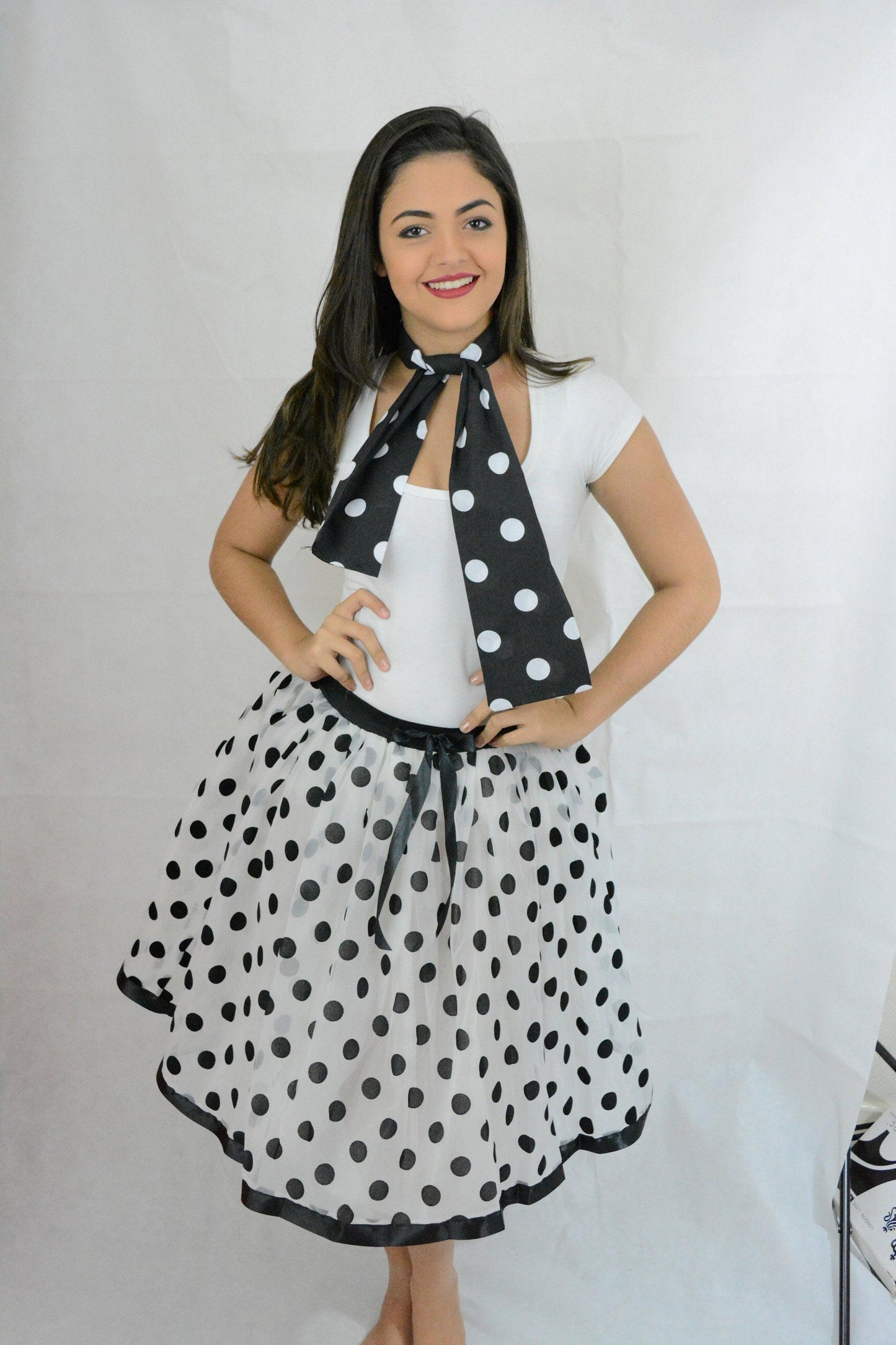 White Black Polka Dot Chiffon Skirt with Netted Petticoat (18 Inches) - Labreeze
