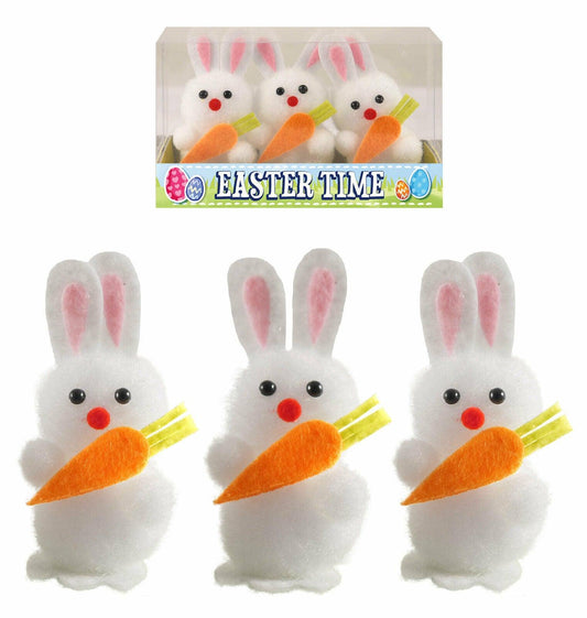 White Bunnies with Carrots Easter Bonnet Party Decoration 6 Cm High Pack of 3 - Labreeze