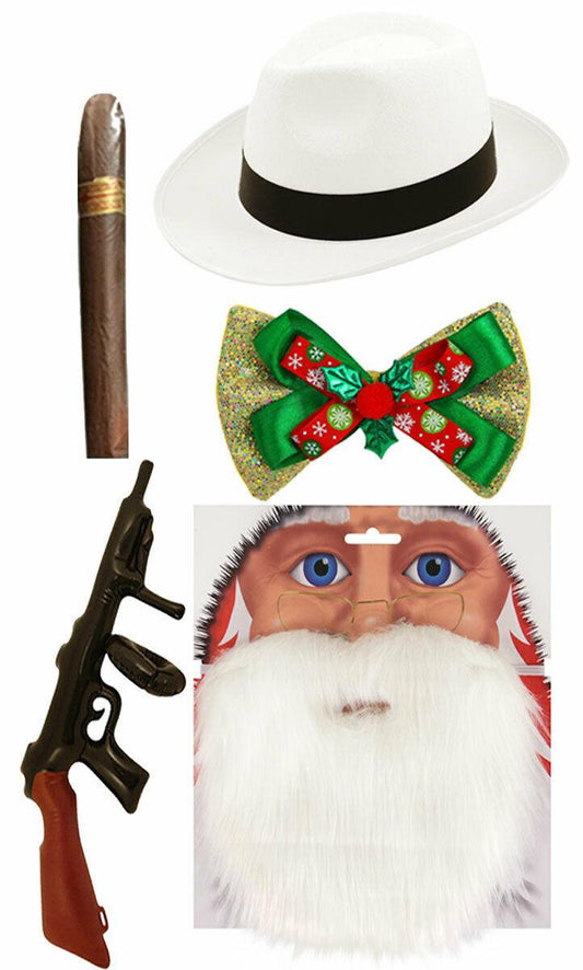 White Gangster Hat Santa Beard Gold Bow T-Gun Cigar Christmas Xmas Fancy Dress - Labreeze