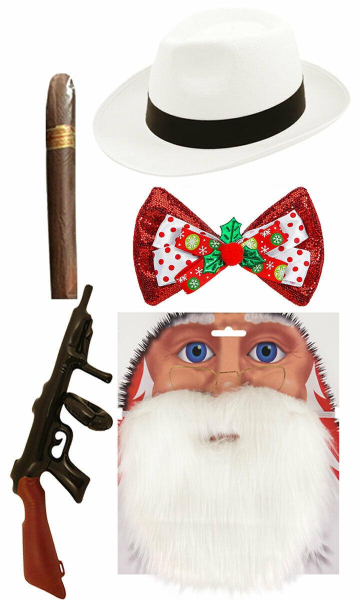 White Gangster Hat Santa Beard Red Bow T-Gun Cigar Christmas Party Fancy Dress - Labreeze