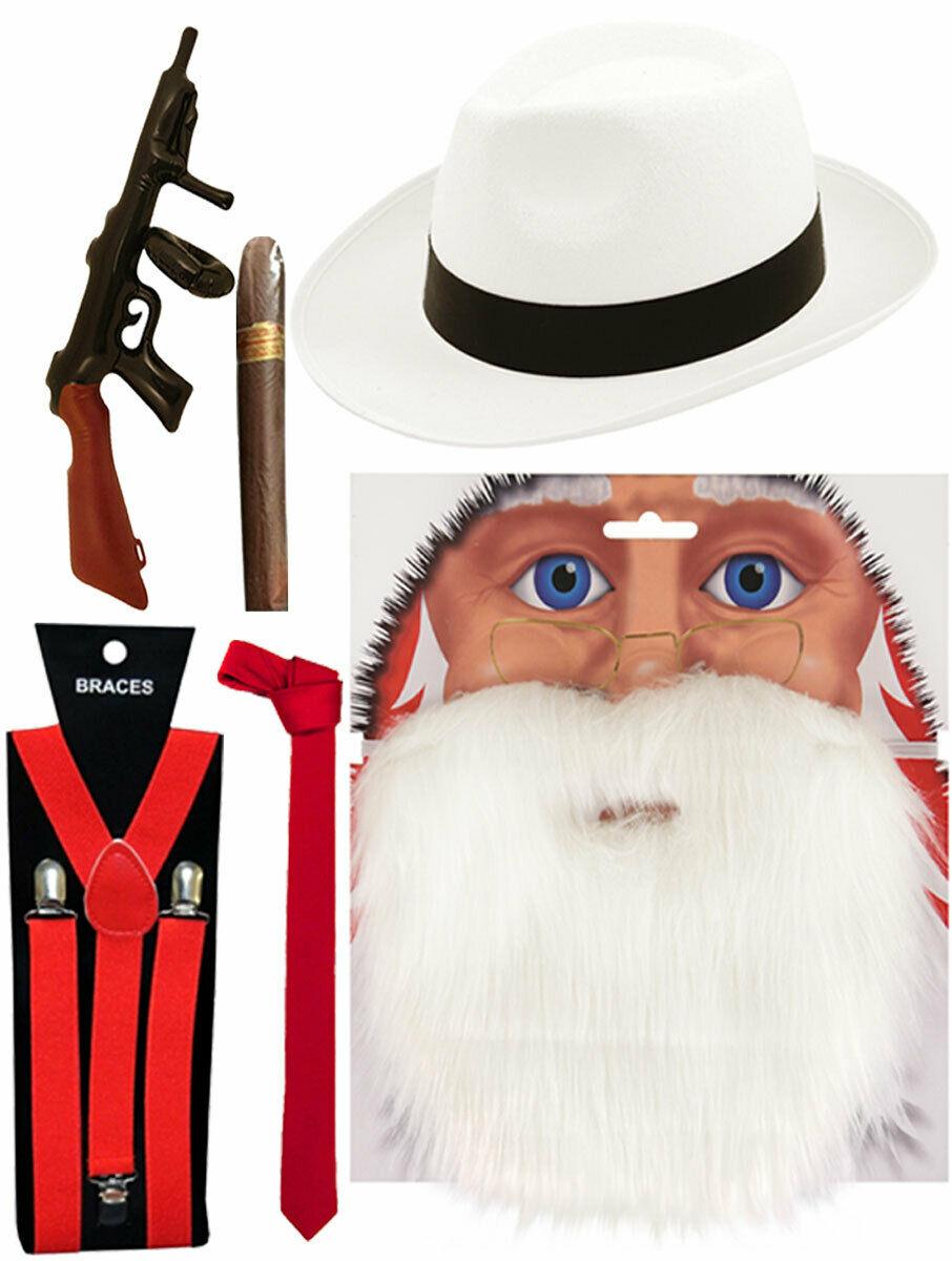 White Gangster Santa Beard Hat Cigar T-Gun Red Braces Tie Christmas Fancy Dress - Labreeze