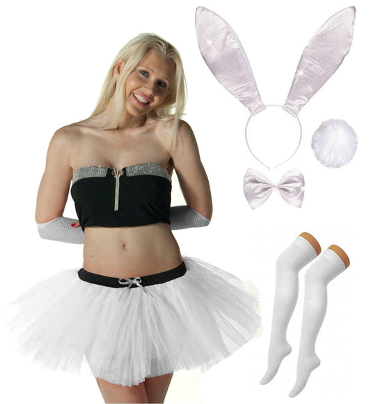 White Glitter Bunny Set Tutu Skirt OTK Socks Hen Night Fancy Dress Party Costume - Labreeze