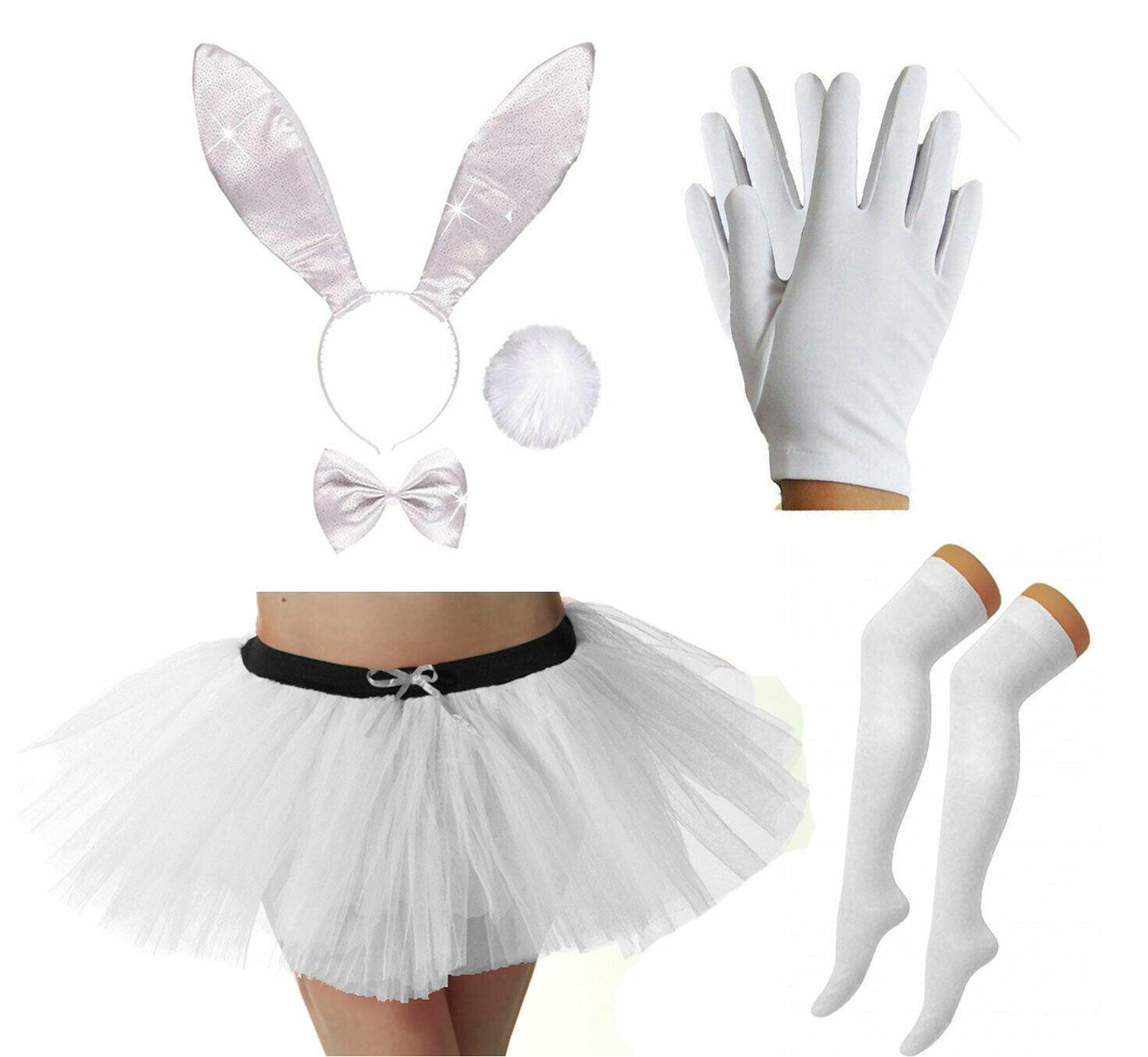 White Glitter Bunny Set Tutu Socks Santa Gloves Hen Stag Do Party Fancy Dress - Labreeze