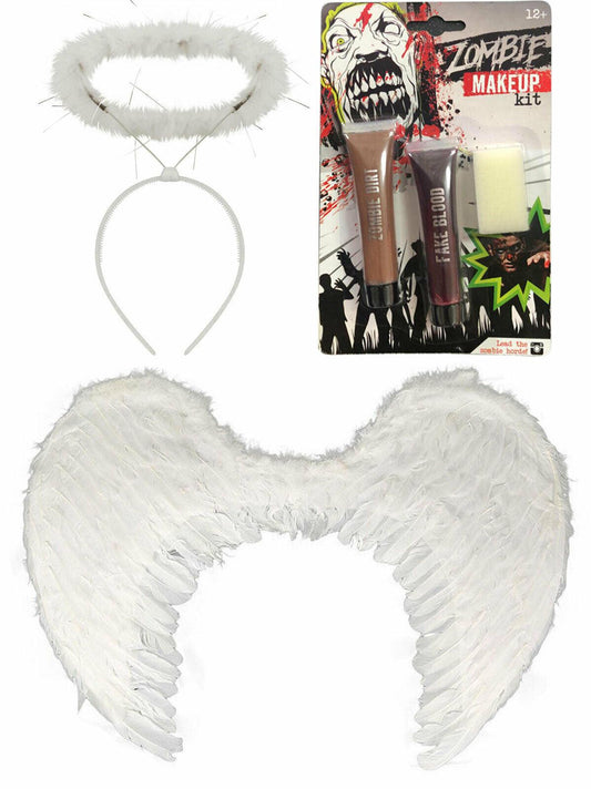White Large Feather Wing Angel Halo Zombie Make Up Halloween Angel Party Set - Labreeze