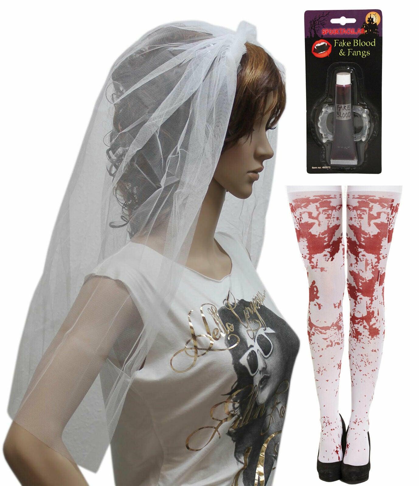 White Veil Bloody Stocking Blood GID Fangs Halloween Zombie Bride Fancy Dress - Labreeze