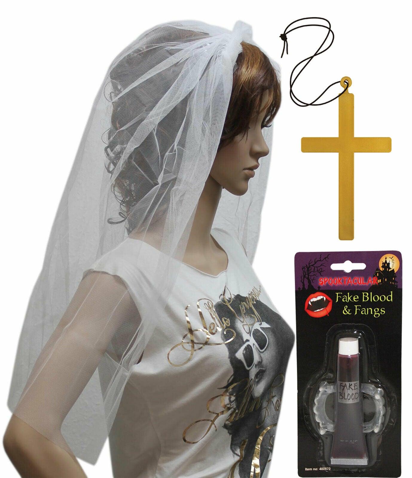 White Veil on Hair Band Cross GID Fangs Halloween Zombie Bride Fancy Dress - Labreeze