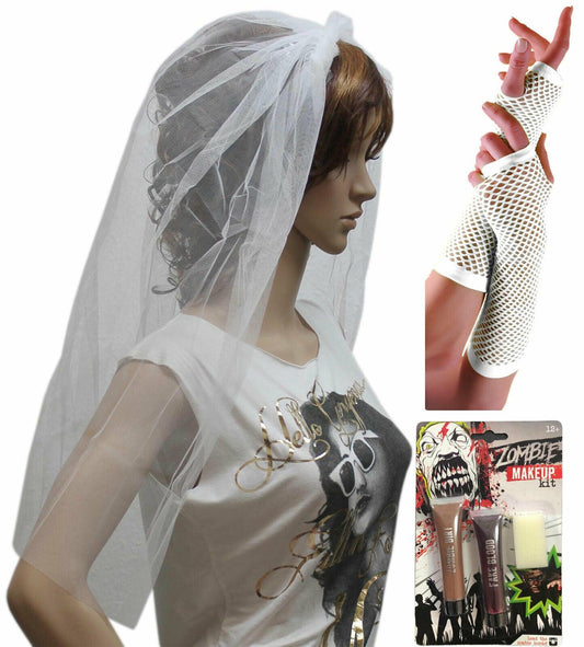 White Veil on Hair Band Fishnet Gloves Make Up Halloween Zombie Bride Outfit Kit - Labreeze