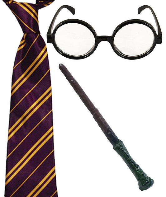 Wizard Glasses Marron Yellow Tie Branch Wand 3 Pcs School Boy Fancy Dress Set - Labreeze