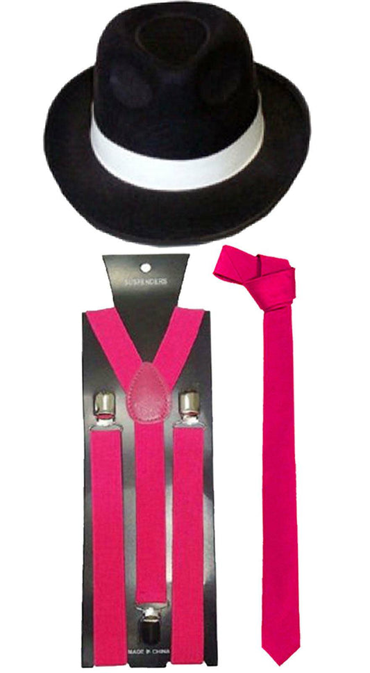 Women Black Gangster Hat Pink Braces Tie Fancy Dress Accessory - Labreeze