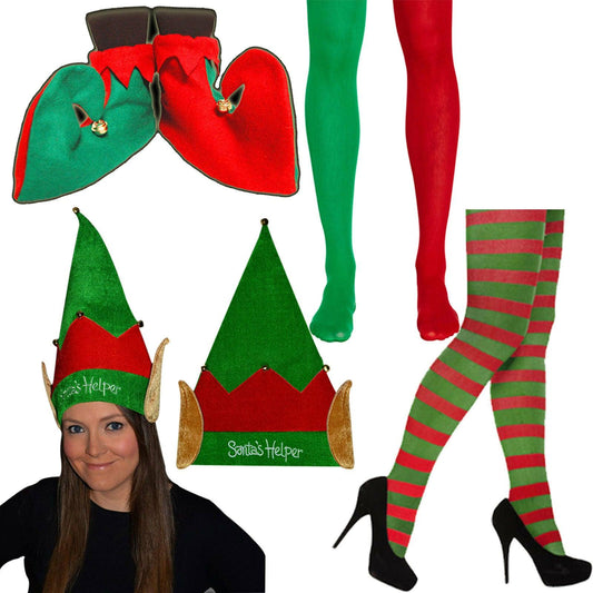 WOMEN ELF SANTAS HELPER HAT SHOES TIGHTS CHRISTMAS FANCY DRESS - Labreeze