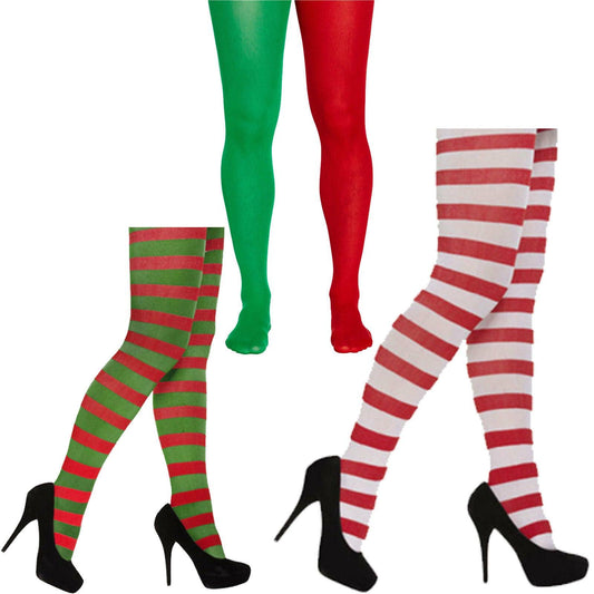 WOMEN ELF SANTAS MISS SANTA STRIPED TIGHTS CHRISTMAS FANCY DRESS - Labreeze