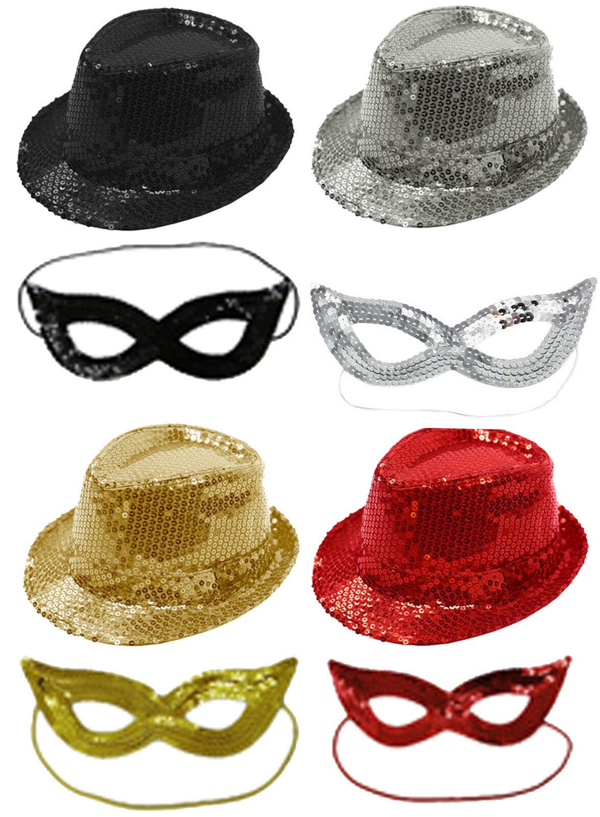 Women Masquerade Sequined Gangster Hat & Face Mask Shining Fancy Dress - Labreeze