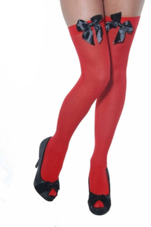 Women Red Stockings Black Bow Hold Up Thigh High Fancy Dress - Labreeze