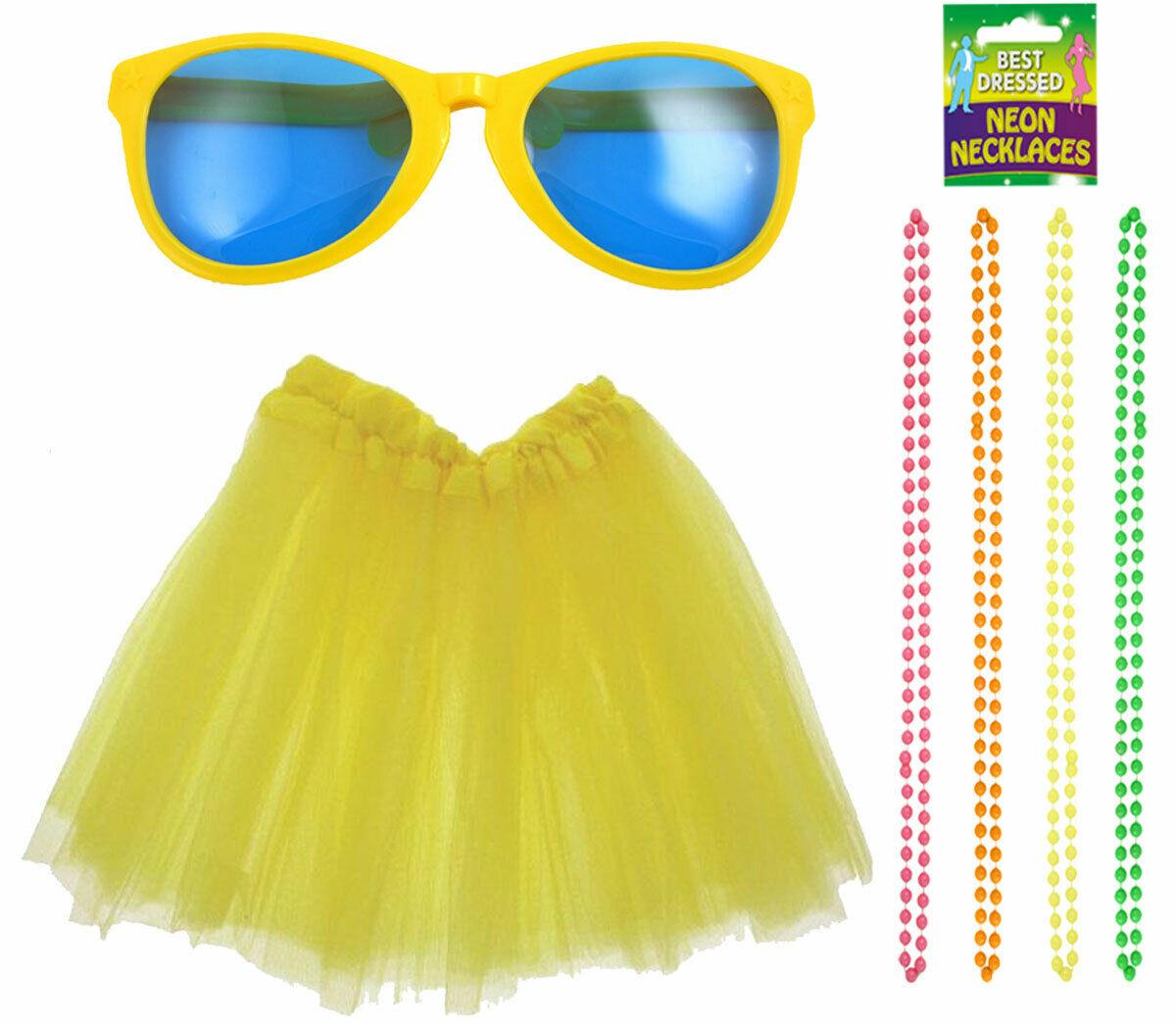 Yellow Satin Band Tutu Skirt Giant Glasses Beads Necklace Hawaiian Hula Costume - Labreeze