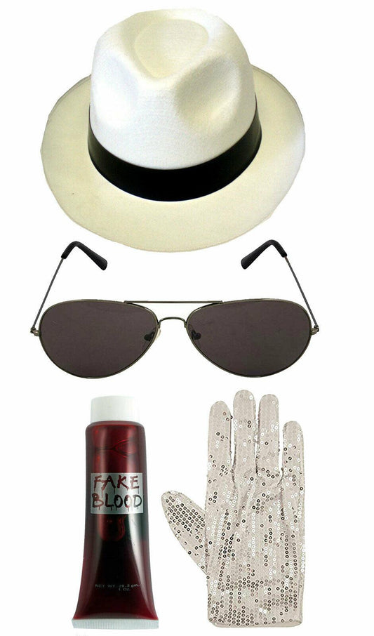 Zombie Michael Jackson White Hat Gloves Glasses Fake Blood Halloween Fancy Dress - Labreeze