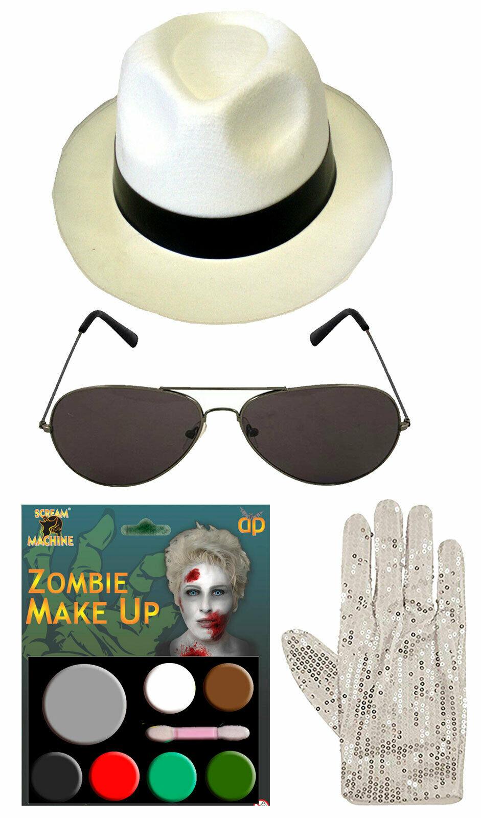 Zombie Michael Jackson White Hat Gloves Glasses Make Up Halloween Party Kit - Labreeze
