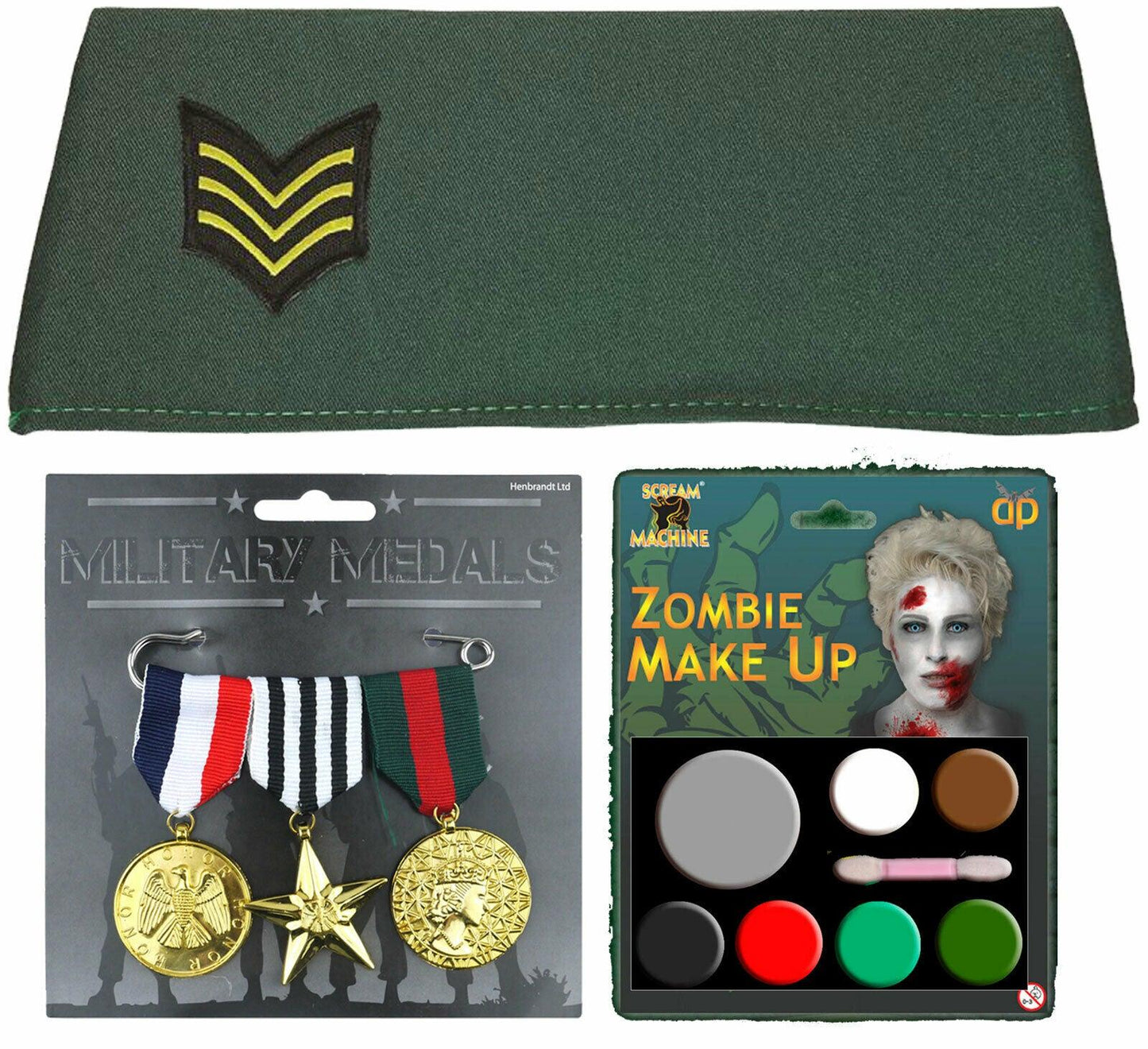 Zombie Military Man Side Cap Combat Hero Medals Halloween Fancy Dress Set - Labreeze