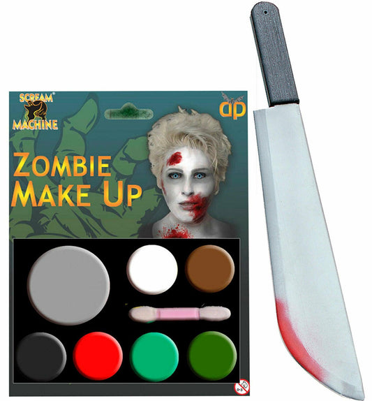 Zombie Multi Pallet Makeup Blooded Plastic Machete Halloween Fancy Dress Party S - Labreeze