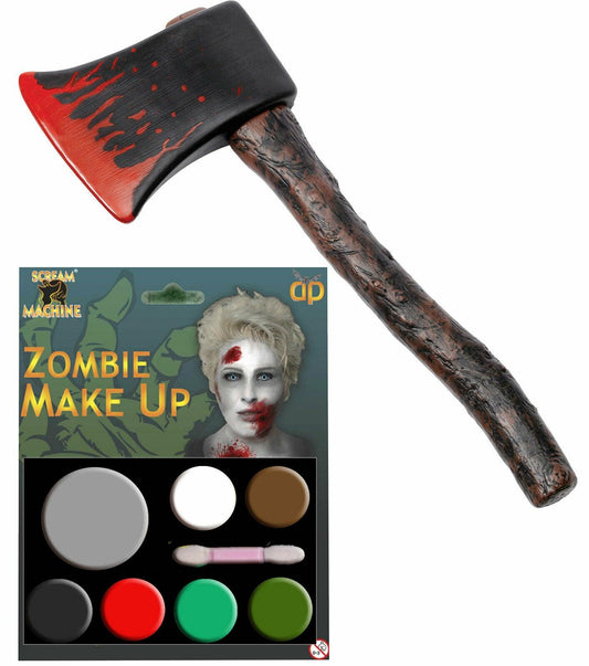 Zombie Multi Pallet Makeup with Bloody Plastic Axe Halloween Fancy Dress Set - Labreeze