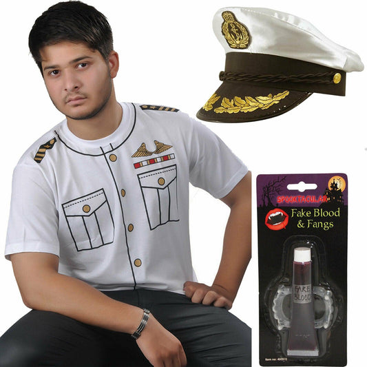 Zombie Navy Captain Hat T-Shirt GID Fangs Fake Blood Halloween Horror Fancy Dres - Labreeze