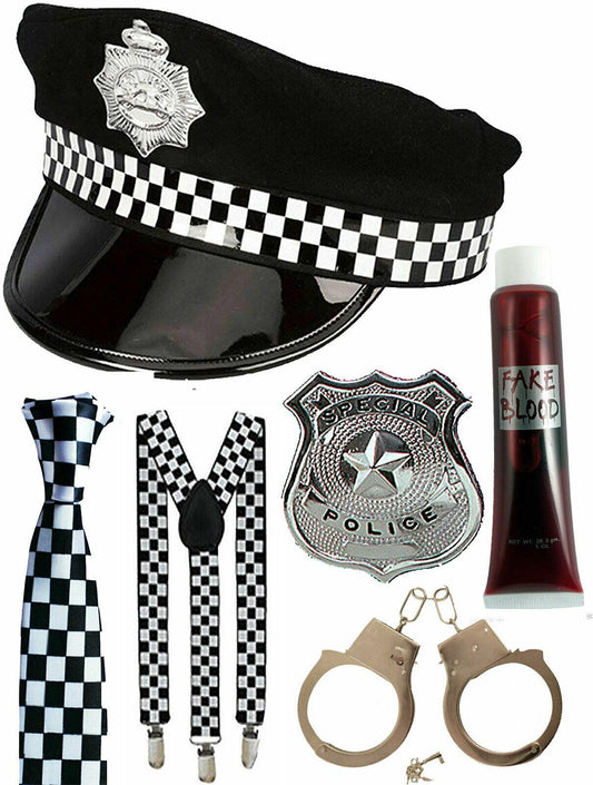Zombie Police Man Hat Tie Braces Cuffs Badge Fake Blood Halloween Party Set - Labreeze